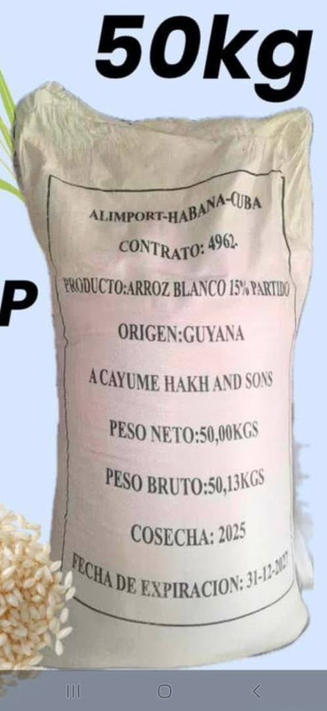 Arroz blanco importado.    
 Origen: Guyana           (saco 50kgs)